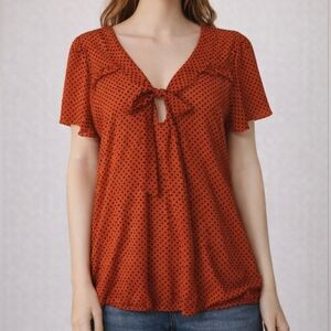 JULIE'S CLOSET Pink Polka Dot Bow Tie Keyhole Sheer Blouson Blouse